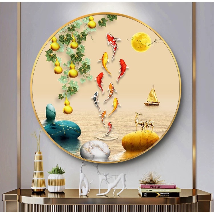 Lukisan Porcelain 5D Diamond Bulat Motif Ikan Koi Lukisan Porselen Crystal Bulat