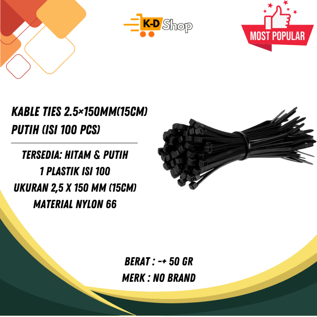 

KABLE TIES 2.5×150mm(15cm) PUTIH (isi 100 pcs)/CABLE TIE