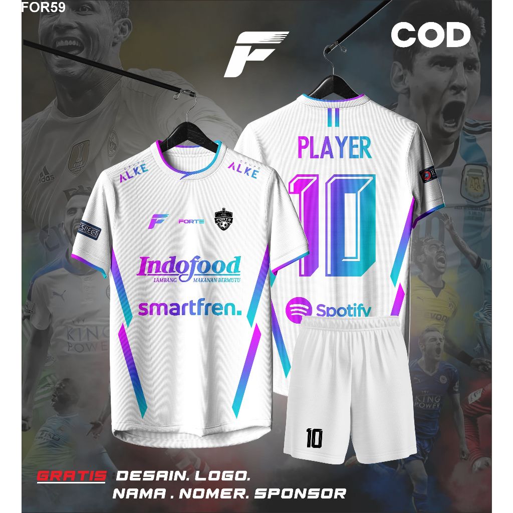 JERSEY FUTSAL CUSTOM NAMA FULL PRINTING MOTIF GRADASI PUTIH UNGU SATUAN SETELAN KEREN