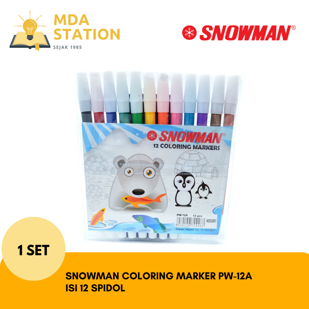 

SNOWMAN Coloring Marker PW-12A (SET) | SNOWMAN Spidol 12 Warna Sepidol warna warni | Beli 1 SET Isi 12 Sepidol | MDA STATION