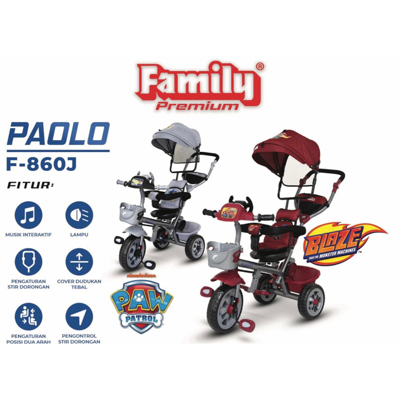 KHUSUS INSTANT Family Sepeda Anak Roda 3 Paolo F860J Kanopi Dorongan Musik