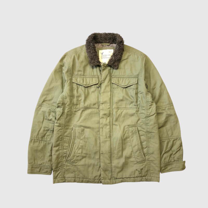 American Eagle Outfitters Canvas Quilted Work Coat Jacket Collar Sherpa Military Green