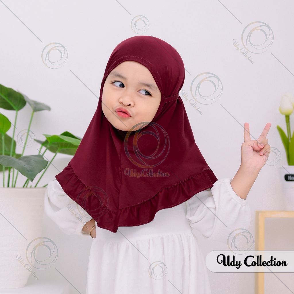 Kerudung Anak Perempuan Renda Bergo Maryam Renda Anak Ruffle / Rempel Tali Jersey 0 - 3 Tahun