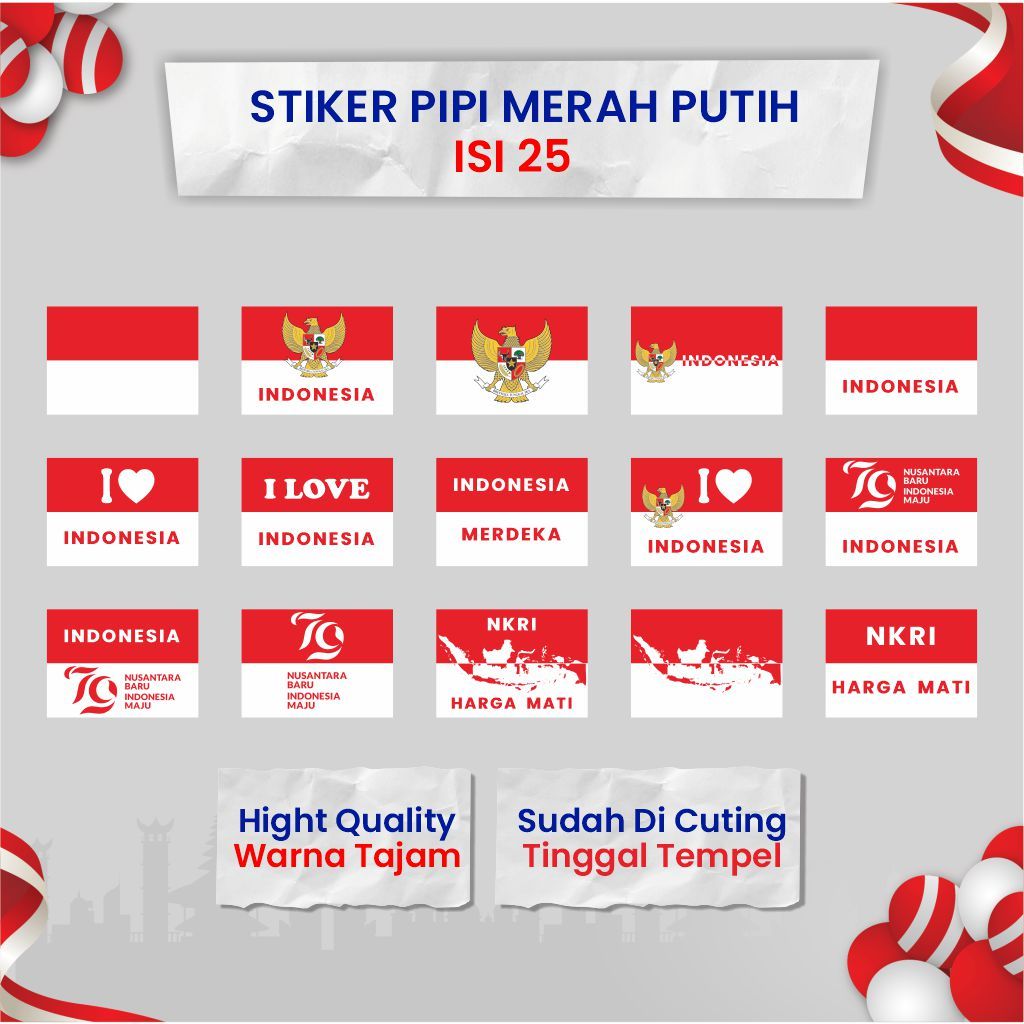 

Stiker Pipi Merah Putih Isi 25 Pcs / Sticker Pipi Bendera Merah Putih Bahan Chromo Glossy