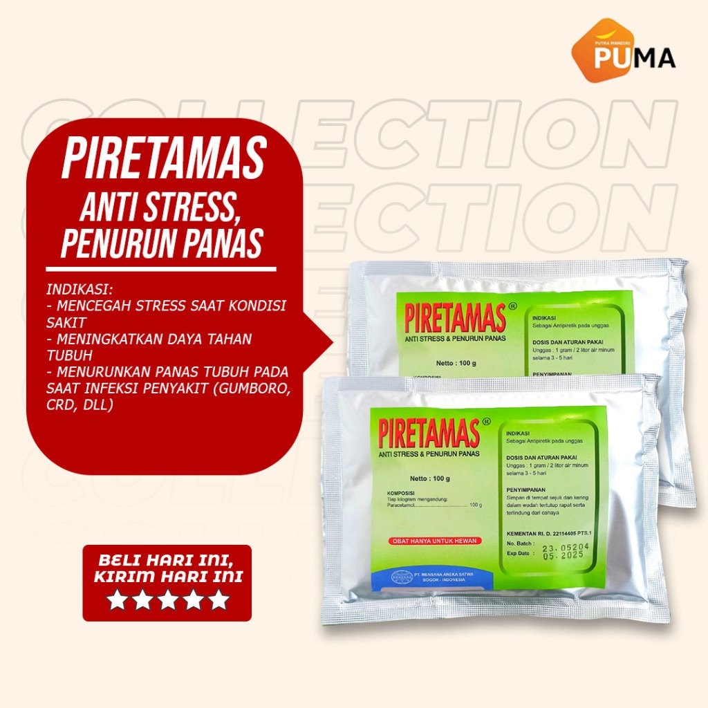 Piretamas 100 gram Paracetamol Unggas Hewan Ayam Vitamin C Sorbitol Penurun Panas Gumboro CRD Ayam