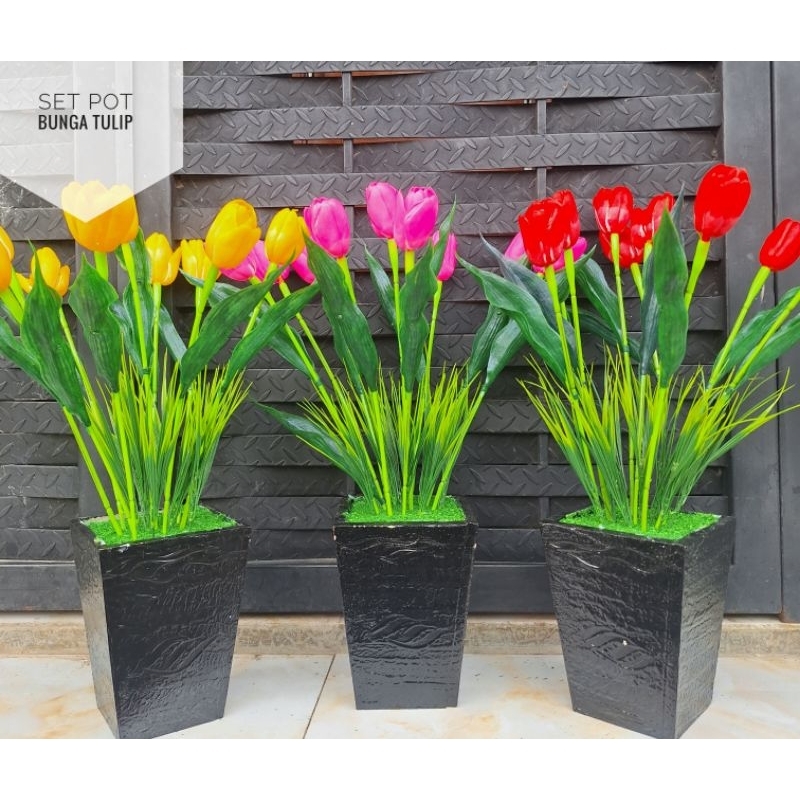 SATU SET BUNGA TULIP DAN POT KAYU BUNGA ARTIFICIAL BUNGA PLASTIK BUNGA HIAS BUNGA SUDUT