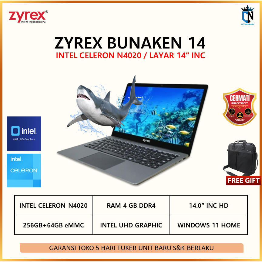 Laptop Zyrex 14 N4020 4GB 256GB+64GB W10 14"inci