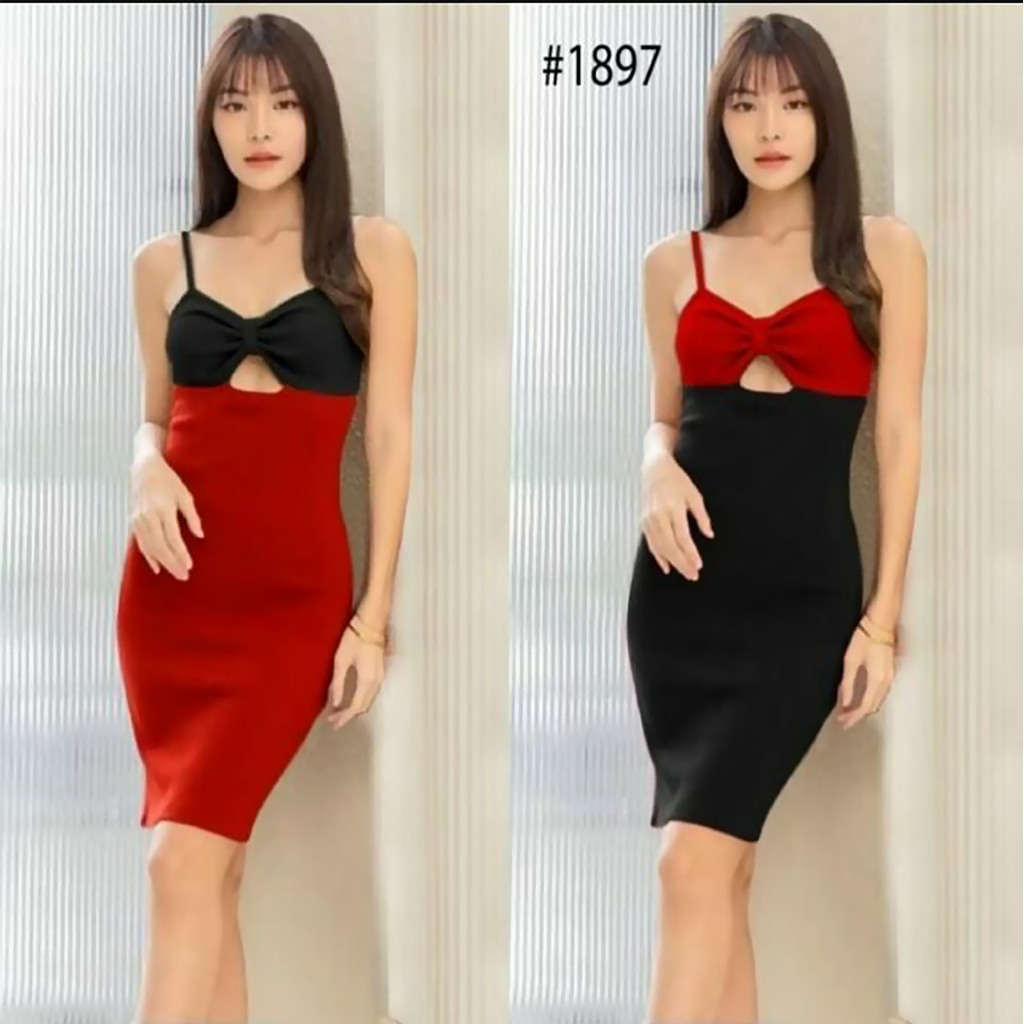1897 Dress Sexy Mini Bahan Scuba Bodycon - Baju Seragam LC Karaoke Party Night Gaun Hitam Merah