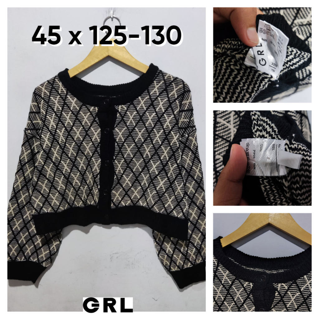 Cardigan Crop GRL Hitam Cream Size L Wanita Atasan Cewek Outer Knit Rajut Tebal BC960