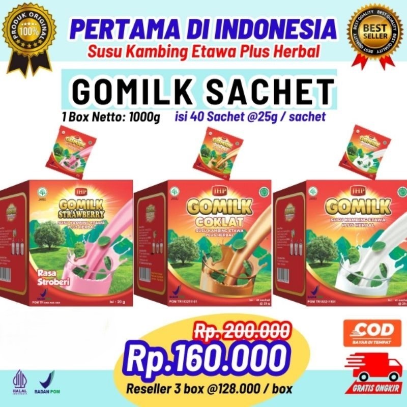 

GOMILK SACHET / 1 BOX netto 1KG isi 40 Sachet / SUSU KAMBING ETAWA PLUS HERBAL