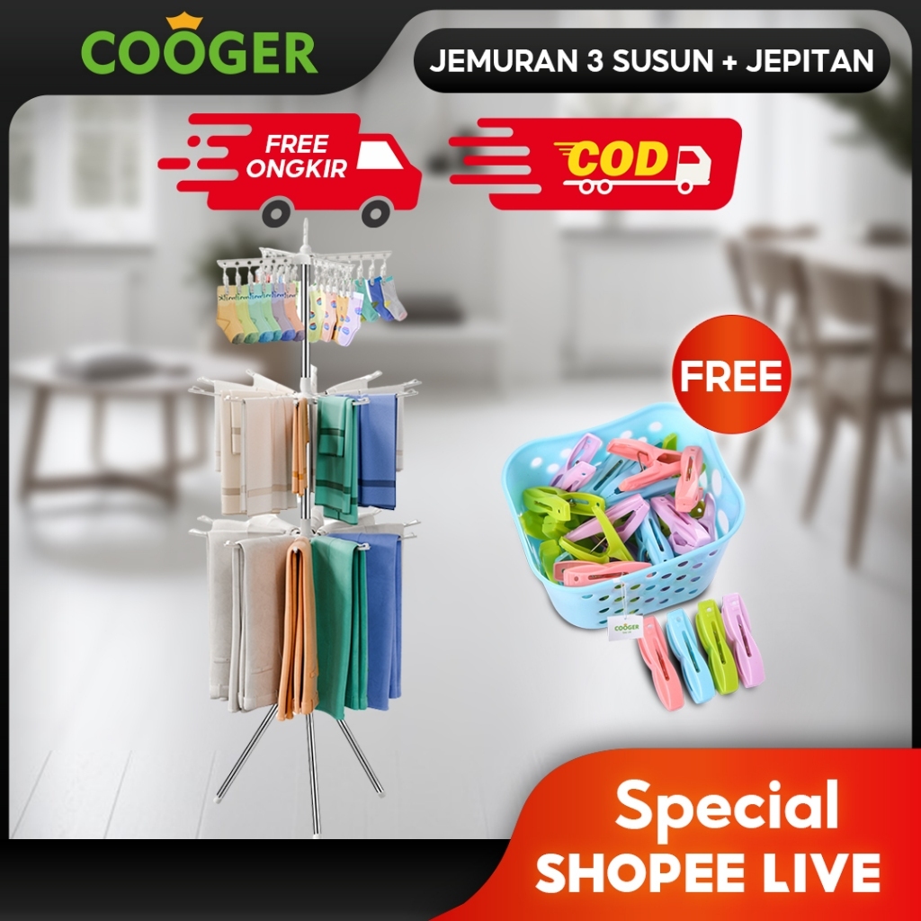 [LIVE COOGER] COOGER Rak Jemuran Lipat Stainless Steel 3 Tingkat Jemuran Serbaguna Jemuran Pakaian H