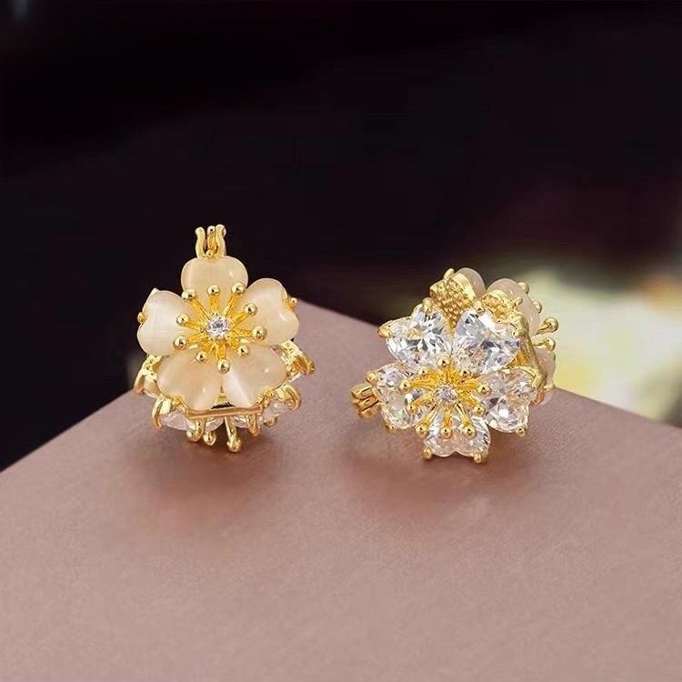 Anting bunga manis titanium original anting Double sided cat's eye zircon flower earrings asli ori