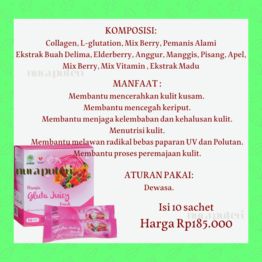 Hania Gluta Juicy Drink HNI HPAI - Minuman Serbuk Rasa Aneka Buah dengan Kolagen.