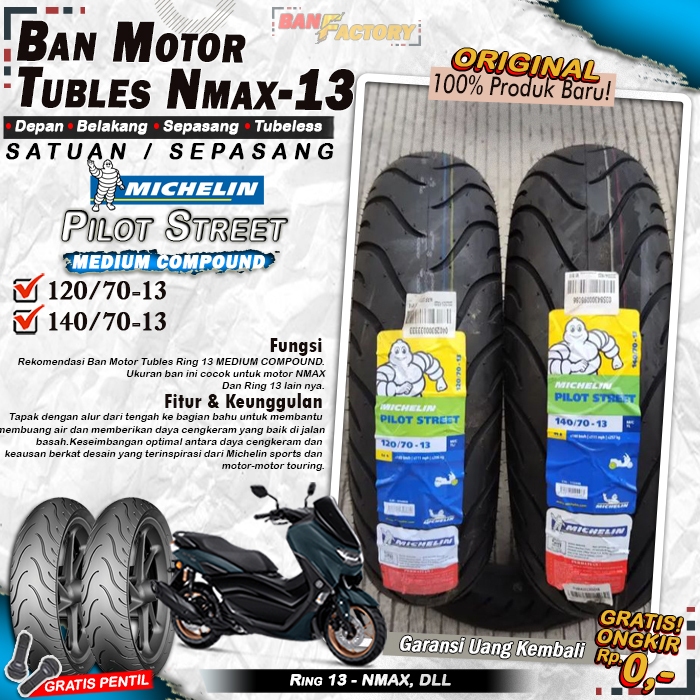 Ban Motor NMAX Michelin Pilot Street Ring 13 Tubles Ban Motor Tubeless NMAX Ring 13 Tubles