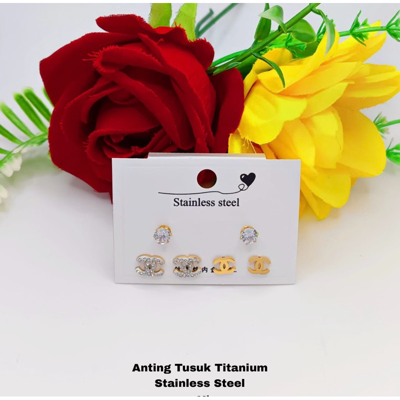 Anting CC set 3 Titanium anting wanita