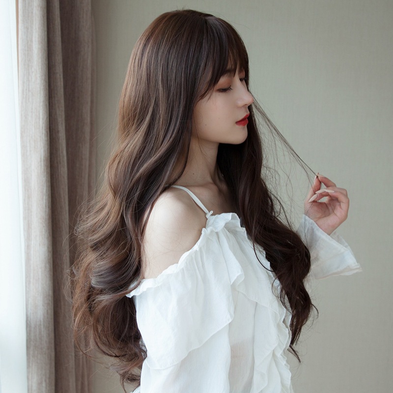 Wig bergelombang panjang 70cm baru untuk wanita dengan poni wig rambut keriting panjang gelombang be