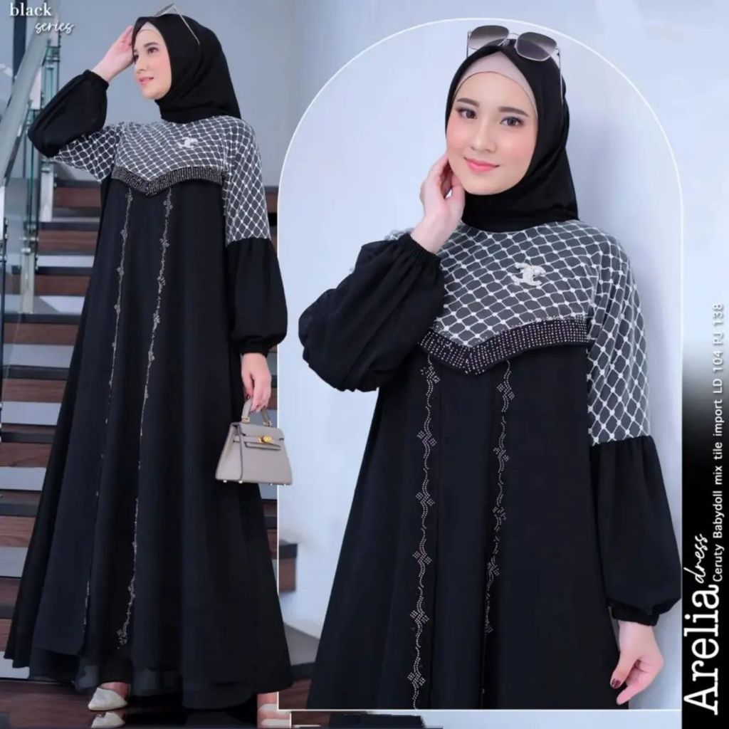 Arelia Dress Baju Gamis Bahan Ceruty Jatuh Motif Wanita Dewasa Model Baru Terbaru 2024 Mewah