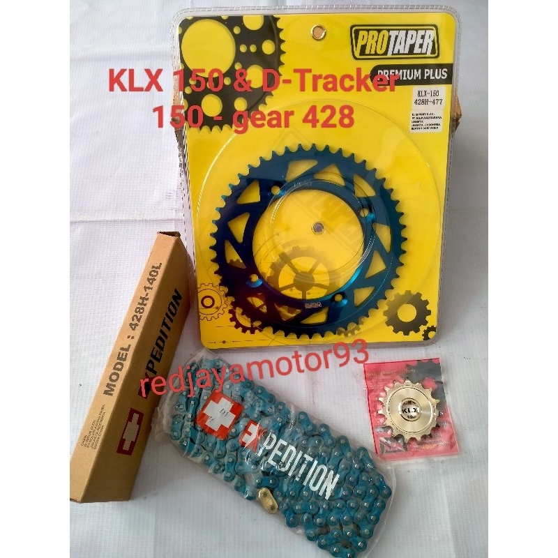 gear set KLX 150 & D-Tracker 150 gir 428 Protaper rantai expedition warna biru supermoto harian dan 