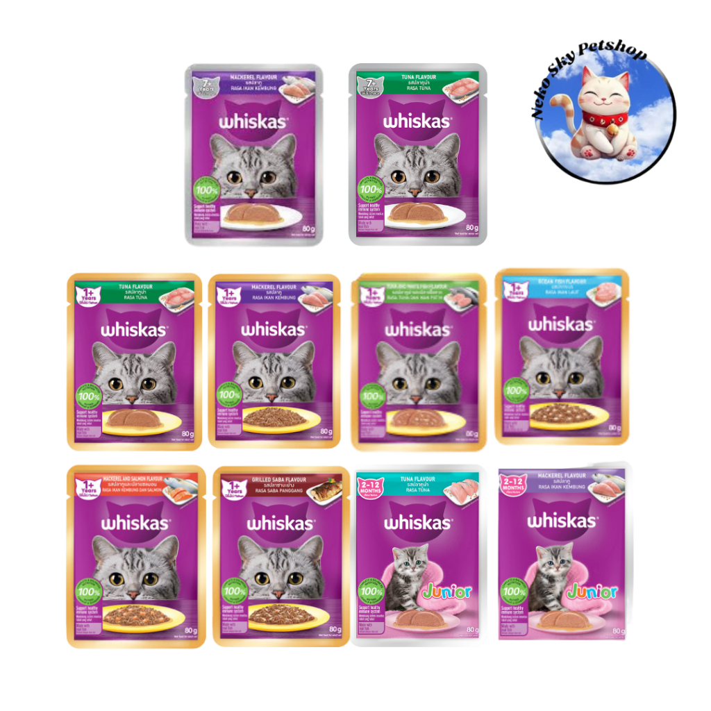 Whiskas Pouch Makanan Kucing Senior Tuna, Mackerel / Adult Tuna, Tuna Whitefish, Mackerel, Mackerel 