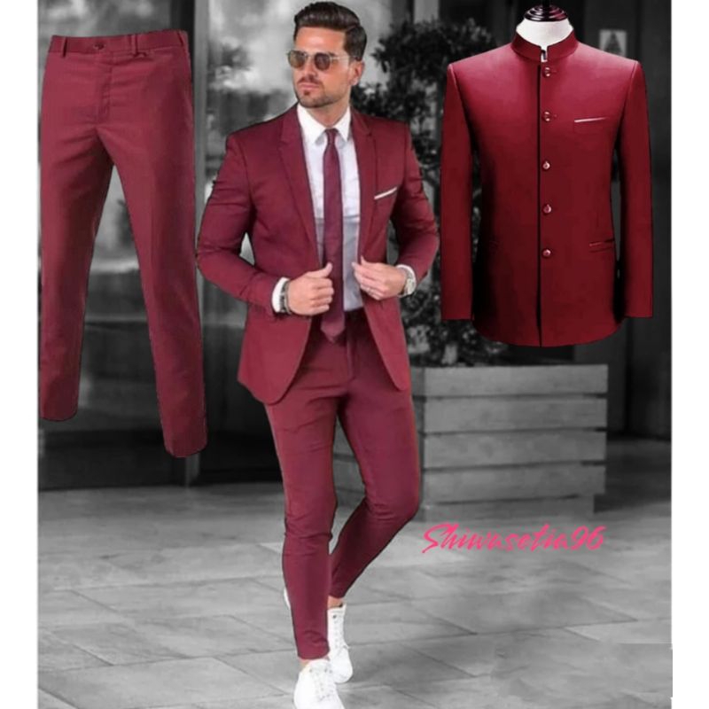 SET 2IN1 JAS BLAZER MAROON / SETELAN JASKO  MANDARIN MERAH  /SETELAN CELANA JAS PRIA SLIMFIT