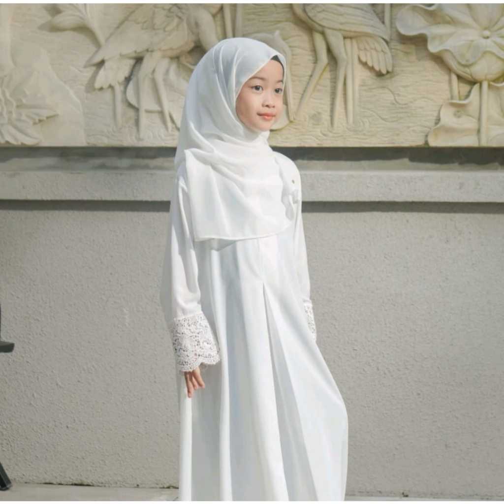 ABAYA ANAK CANTIK KIDS DI TANGAN RENDA BAHAN CRINGKLE AIRFLOW HITAM PUTIH NEW