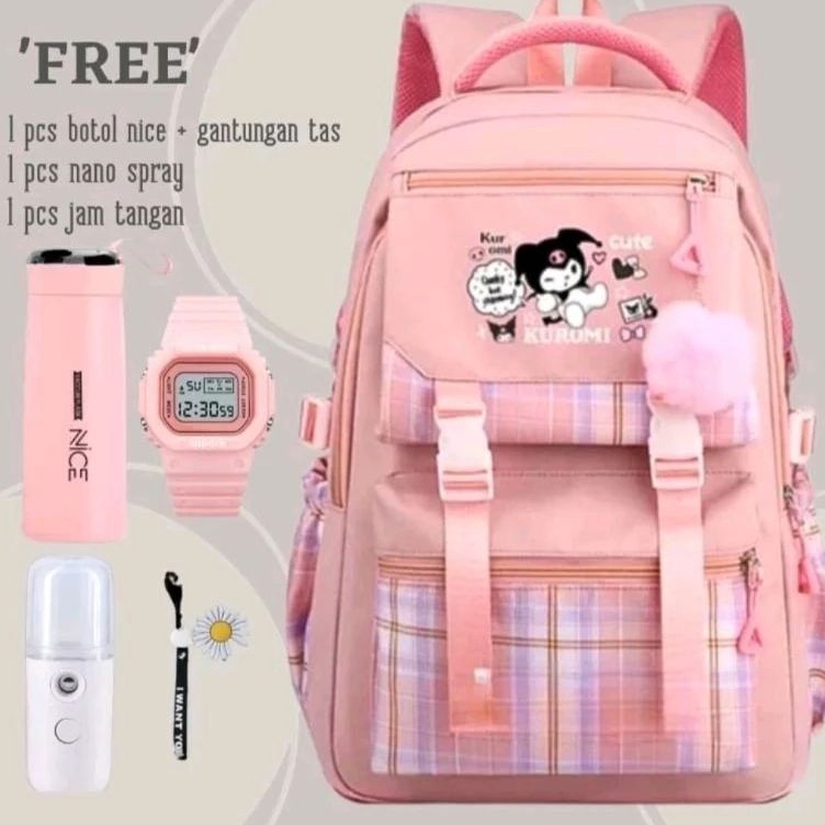 Tas Ransel Anak Perempuan Kuromi Bags Tas Sekolah Anak Botol Minum Nano Spray Jam Tangan Gantungan L