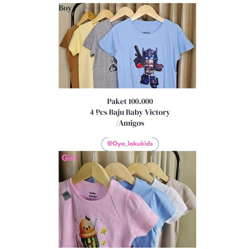 Paket Bundling Baju Kaos 4 Pcs Baby Victory/Amigos//Baju Kaos Anak Laki Laki Dan Perempuan