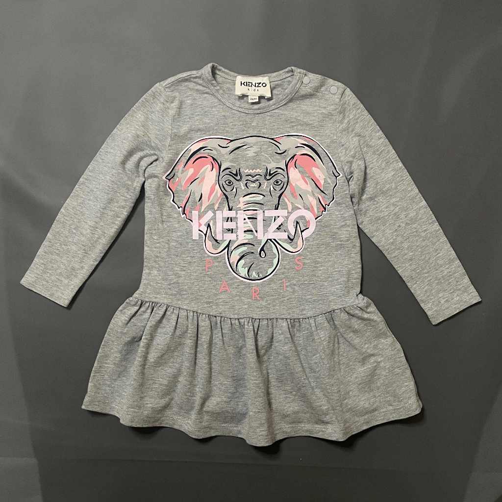 (KENZO ORIGINAL, PRELOVED) K130 Dress Atasan Rempel Tangan Panjang O Neck Kaos Abu Motif Gajah Anak 