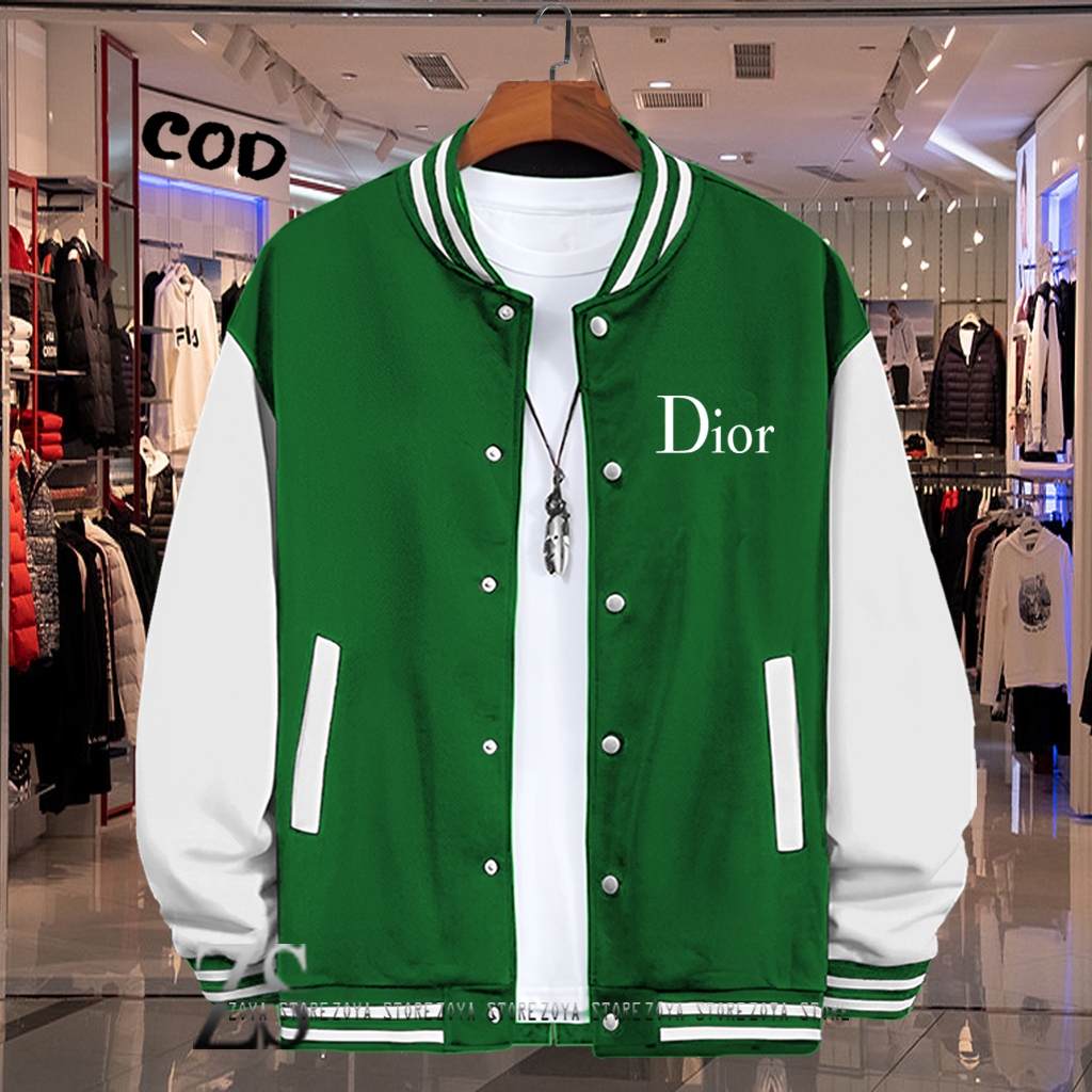 Cod Sweater Jaket Varsity Baseball Kancing Dior Text Putih Quality Premium / Baseball Distro Pria Wa
