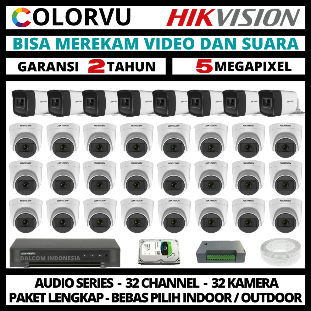 PAKET CCTV HIKVISION COLORVU 5MP 3K 32 CHANNEL 32 CAMERA TURBO HD CAMERA CCTV & DVR FULL HIKVISION