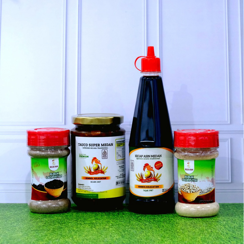 

[PAKET BUNDLING CAP BOLDU AYAM] TAUCO SUPER MEDAN, KECAP ASIN, LADA PUTIH 100% & LADA HITAM 100% [HK MEDAN]
