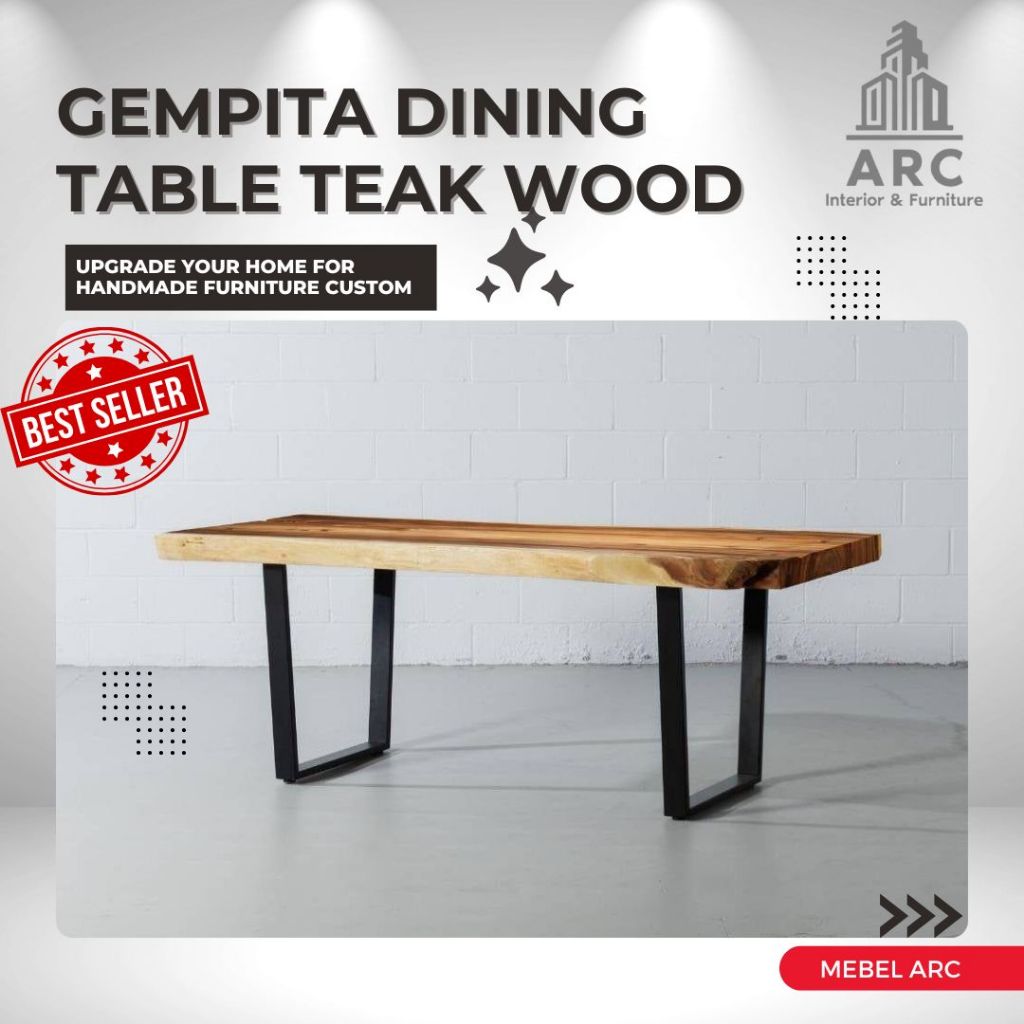 Meja Makan Kayu Jati Solid Kaki Besi / Meja Tamu Kayu Jati Minimalis