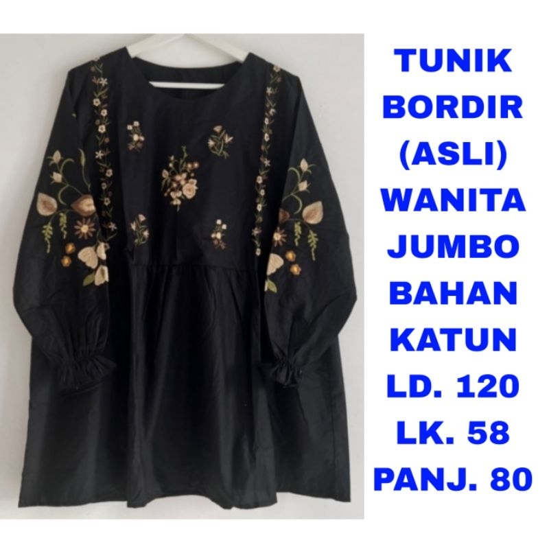 WK TUNIK BORDIR ASLI WANITA JUMBO LD. 120 HITAM PUTIH BAJU ATASAN LENGAN PANJANG