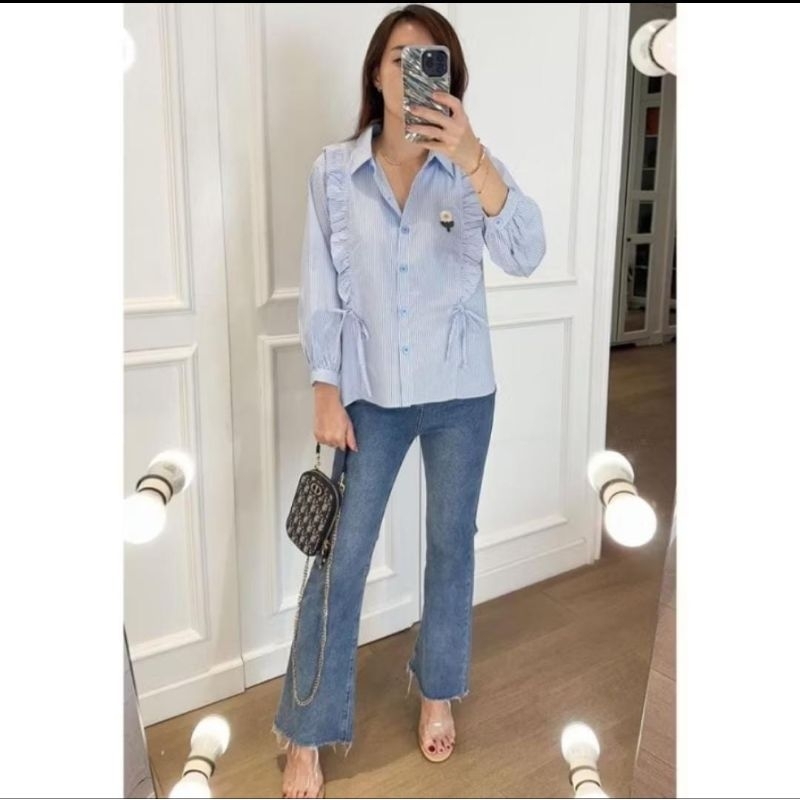 (ML038) Daisy Longsleeve shirt / Kemeja motif garis lengan panjang / strip shirt wanita / kemeja kat