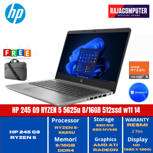 laptop HP 245 G9 RYZEN 5 5625u 8/16GB 512ssd windows 11 14" SLIM bezel resmi