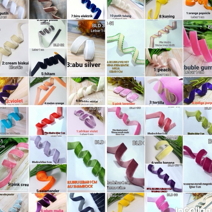 

bludru per rol 15 meter warna variasi lebar 1 cm