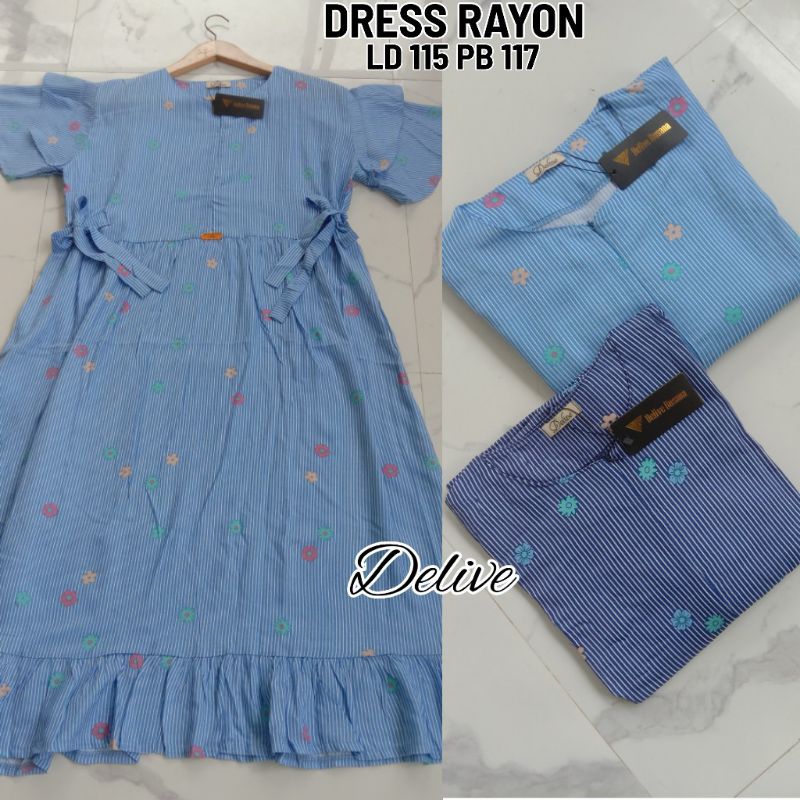 Dress rayon lengan susun pendek//Dress rayon motif bunga salur//Homey Dress Rayon
