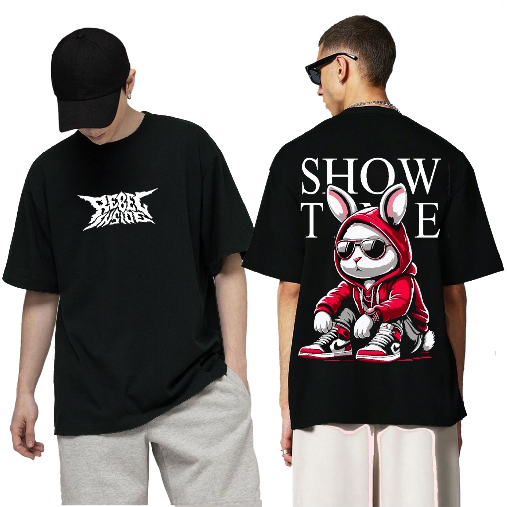 Baju Kaos Distro Pria Keren Terbaru Motif Kelinci Hitam Sablon Tulisan Bergambar Couple Unisex Trend