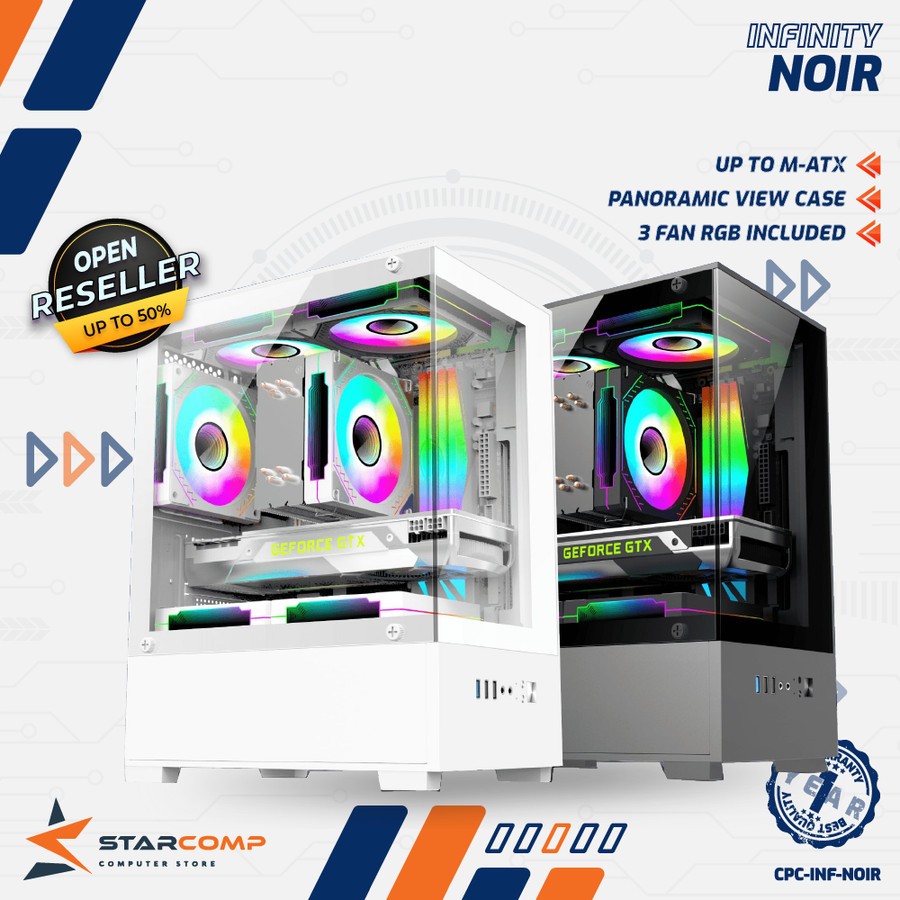 INFINITY NOIR Black / White Include 3 Fan M-Atx Compact Seaview Case Temperd Glass