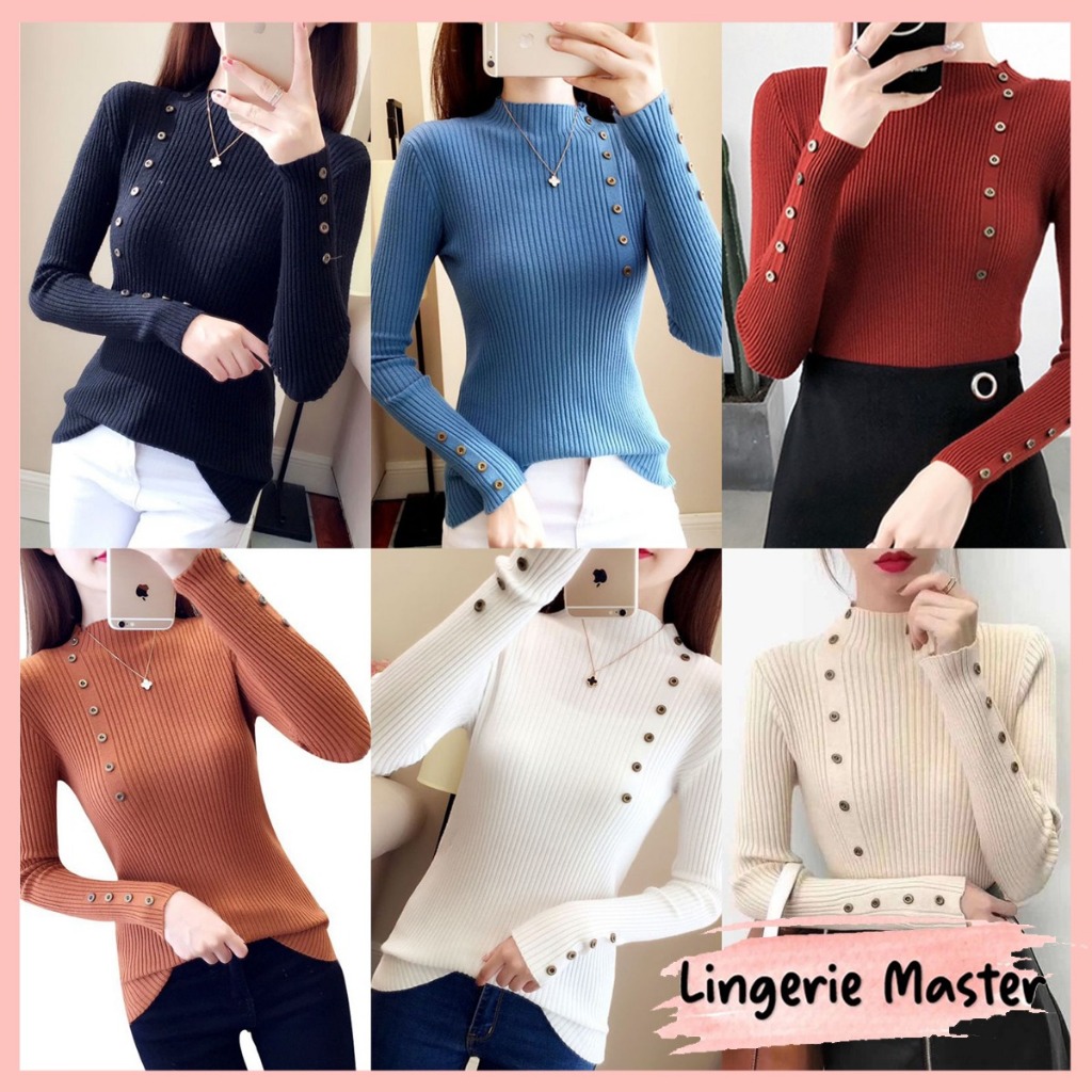 [ LINGERIE MASTER ] - (T-152) Turtleneck Knit Long Sleeve Korean Style / Atasan Rajut Kancing Import