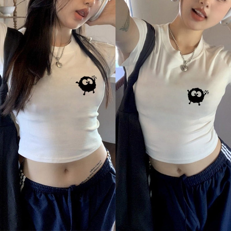 Kaos Crop Top Polos Lengan Pendek Wanita Briket Kecil Yang Lucu/T-shirt Crop Wanita Kekinian Korean 