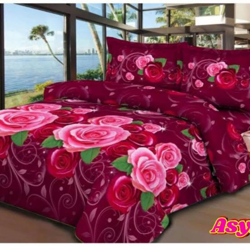 SPREI MOTIF BONITA DIMENSI SPREI BUNGA MAWAR HIJAU DAPAT BANTAL 2 GULING 1