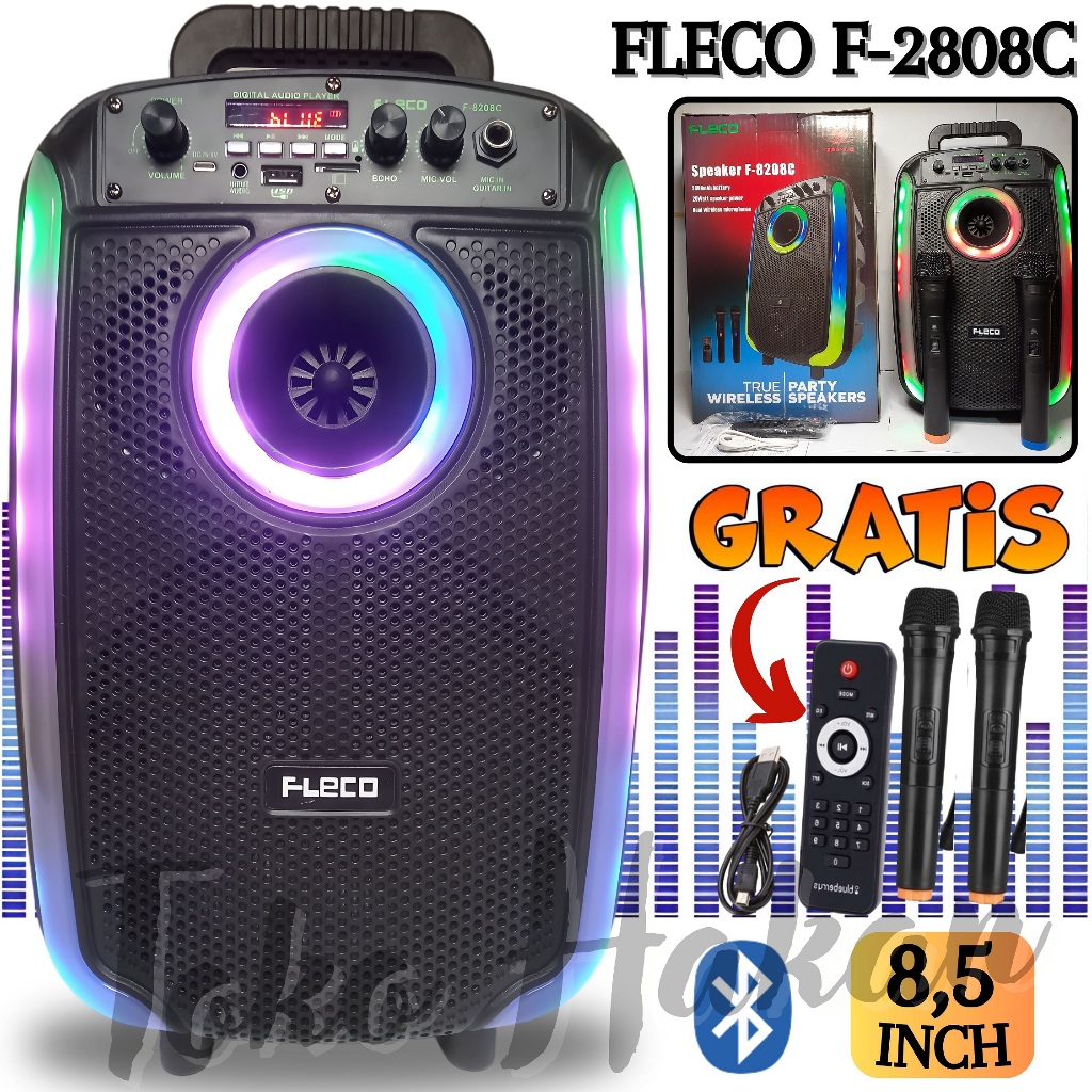 Speaker Bluetooth Fleco F-8208C LED / Speaker 8,5 Inch Bonus Mic Wireles + Remote + Kabel Charger - 