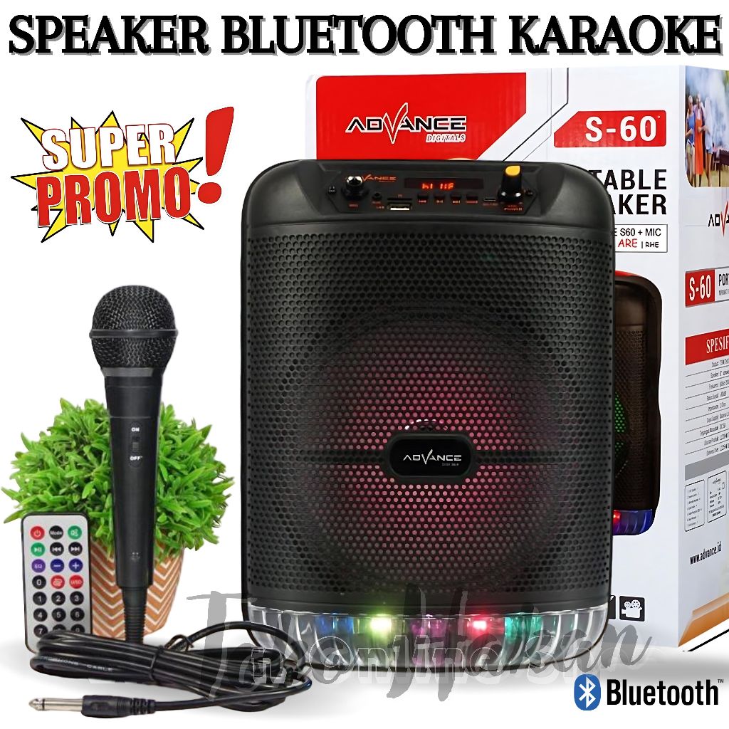 Speaker Bluetooth Advance S-60 / Speaker 8 Inch Bonus Mic Kabel + Remote + Kabel Charger - Speaker K