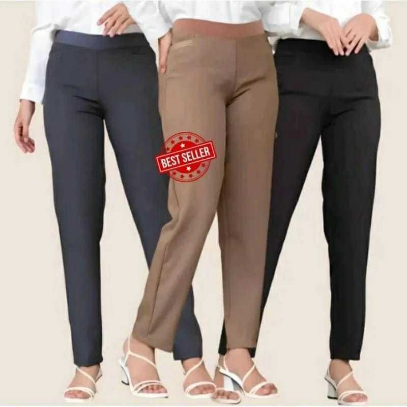 Celana Kantor Wanita Pinggang Karet Standar dan Jumbo Celana bahan Celana slimfit