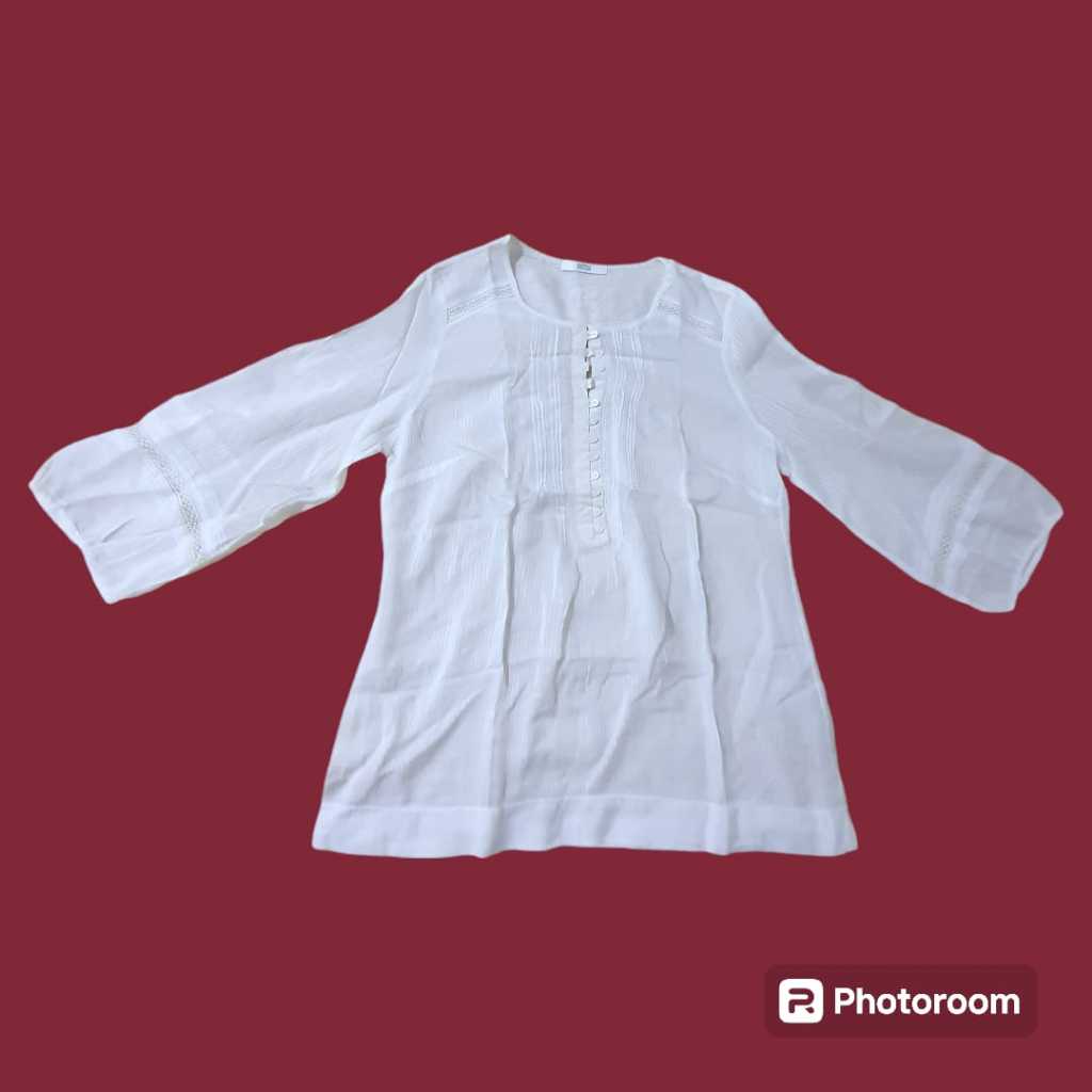 Baju Kaos Kemeja Wanita Berlengan Panjang Motif Garis Garis Warna Putih Mark & Spencer