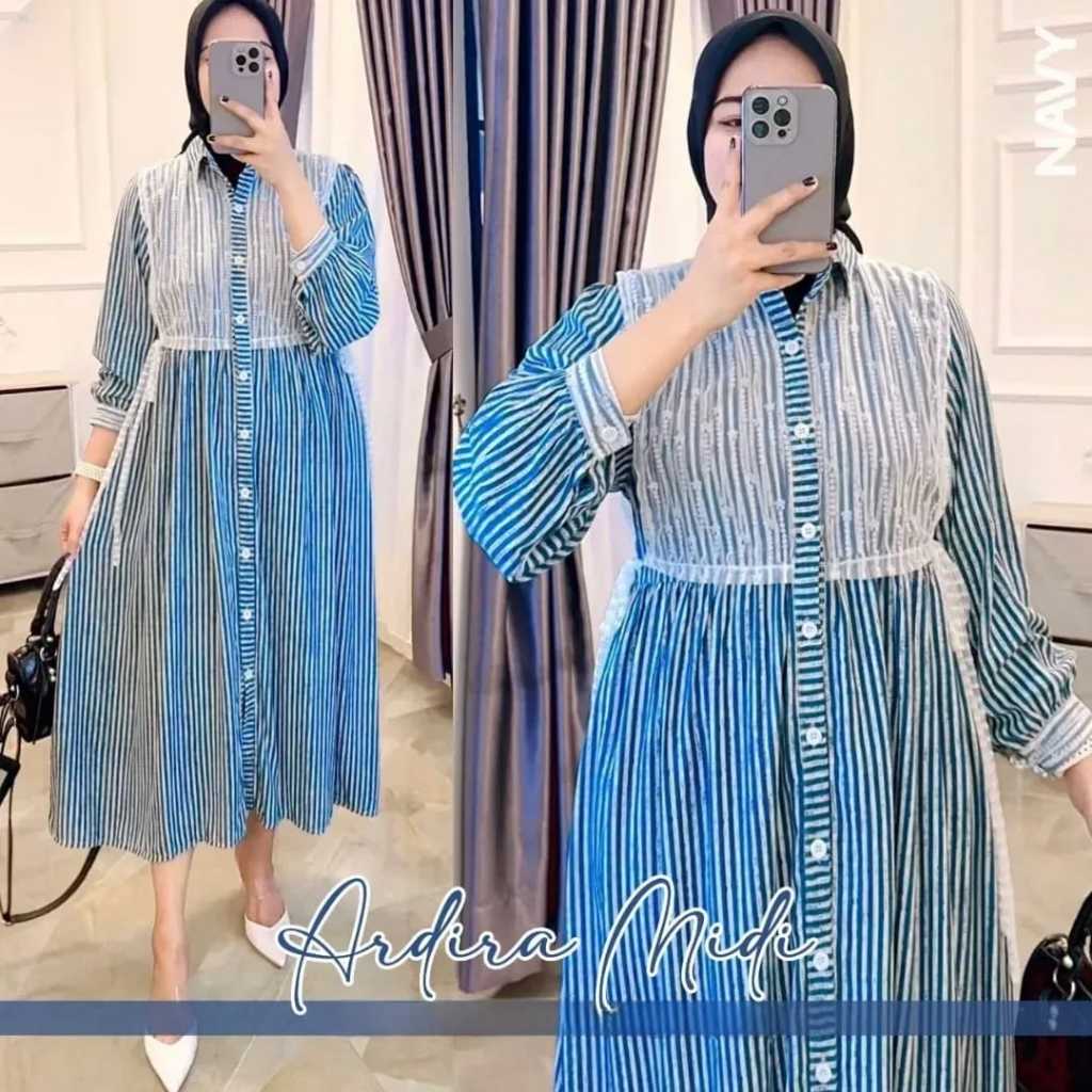 Tunik Wanita Remaja Terbaru/Dress Midi Bahan Katun Salur Mix Brukat/Atasan Long Tunik Wanita Full Ka