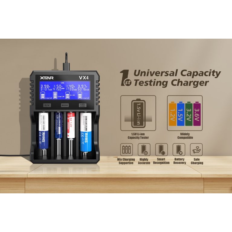 XTAR Visible Mixer VX4 Charger For Battery Rechargeable, Compatible with 3.6/3.7V Li-ion, 1.5V Li-io