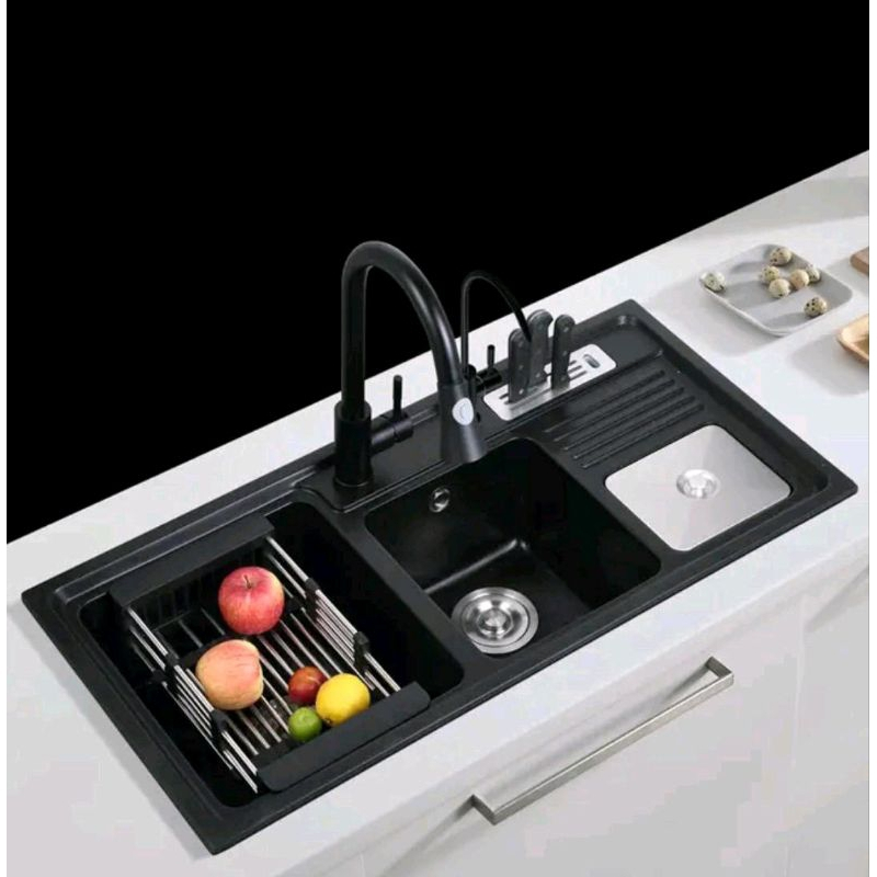 bak cuci piring 2 lubang hitam kitchen sink stainless wastafel 10050