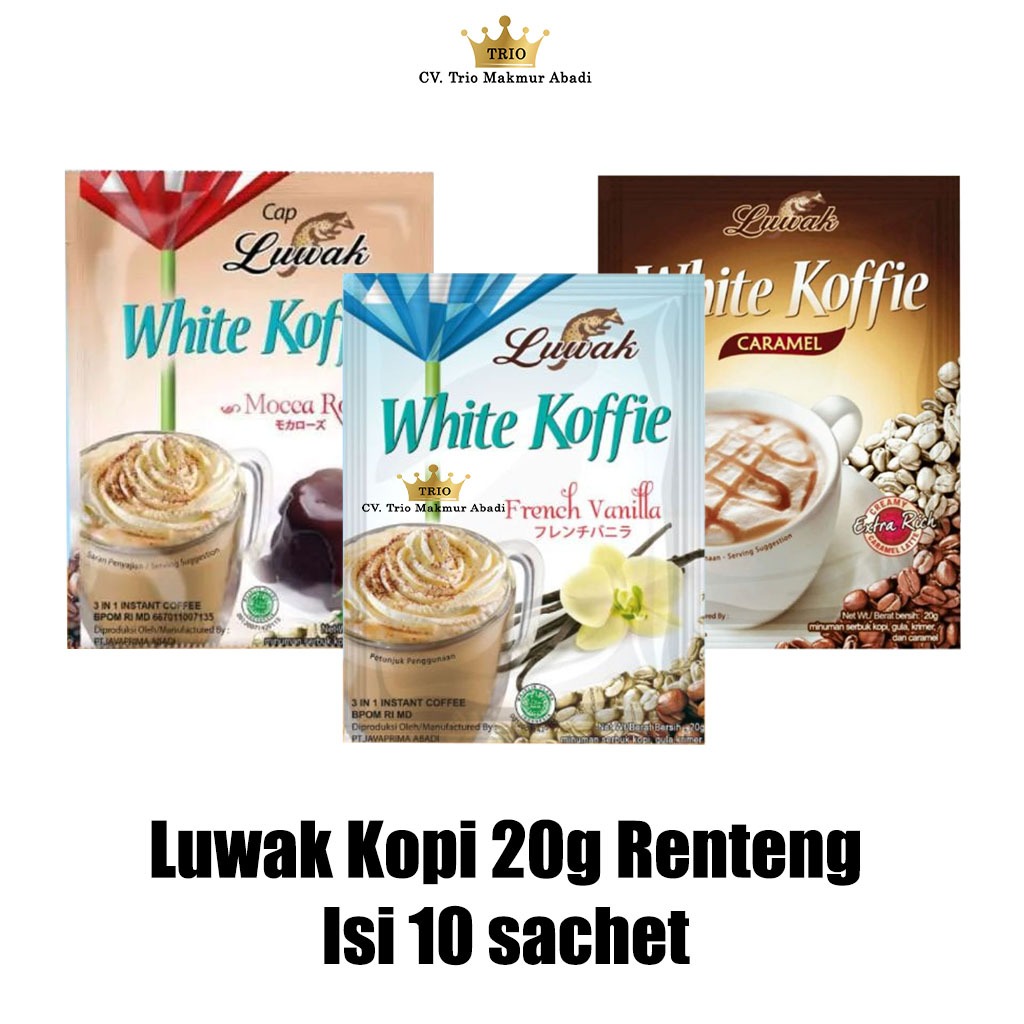 

Luwak Kopi Mocca Rose, Caramel, Vanilla 20g Renteng Isi 10 Sachet